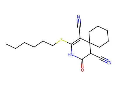 2-(Hexylsulfanyl)-4-oxo-3-azaspiro[5.5]undec-1-ene-1,5-dicarbonitrile structure