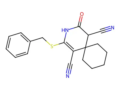 2-(Benzylthio)-4-oxo-3-azaspiro[5.5]undec-1-ene-1,5-dicarbonitrile structure