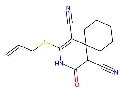 4-Oxo-2-(prop-2-en-1-ylsulfanyl)-3-azaspiro[5.5]undec-1-ene-1,5-dicarbonitrile structure