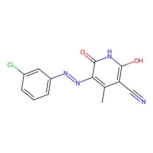 5-[(E)-(3-chlorophenyl)diazenyl]-2,6-dihydroxy-4-methylpyridine-3-carbonitrile structure