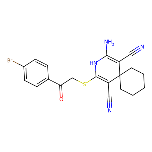 2-amino-4-[[2-(4-bromophenyl)-2-oxoethyl]thio]-3-azaspiro[5.5]undeca-1,4-diene-1,5-dicarbonitrile structure