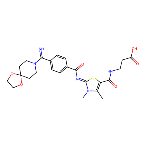 3-[(2-{4-[(1,4-Dioxa-8-aza-spiro[4.5]dec-8-yl)-imino-methyl]-benzoylimino}-3,4-dimethyl-2,3-dihydro-thiazole-5-carbonyl)-amino]-propionic acid (PSA0613) structure