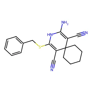 2-Amino-4-(benzylsulfanyl)-3-azaspiro[5.5]undeca-1,4-diene-1,5-dicarbonitrile structure