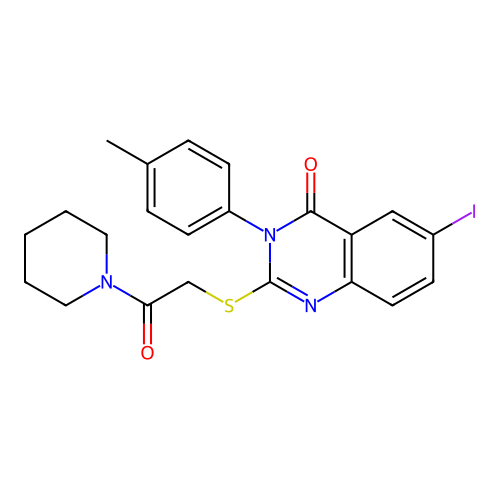 6-iodo-2-((2-oxo-2-(piperidin-1-yl)ethyl)thio)-3-(p-tolyl)quinazolin-4(3H)-one structure