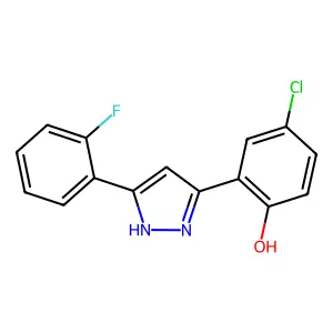 4-chloro-2-(5-(2-fluorophenyl)-1H-pyrazol-3-yl)phenol structure