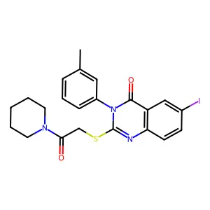6-iodo-3-(3-methylphenyl)-2-(2-oxo-2-piperidin-1-ylethyl)sulfanylquinazolin-4-one structure