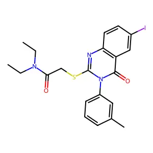 N,N-diethyl-2-[6-iodo-3-(3-methylphenyl)-4-oxoquinazolin-2-yl]sulfanylacetamide structure