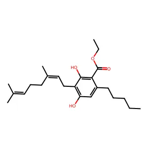 Ethyl 3-(3,7-dimethylocta-2,6-dienyl)-2,4-dihydroxy-6-pentylbenzoate structure
