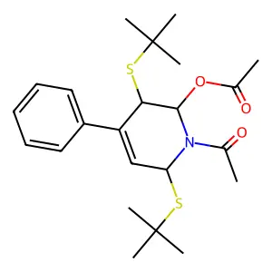 2-Acetoxy-1-acetyl-3,6-di(tert-butylthio)-4-phenyl-1,2,3,6-tetrahydropyridine structure