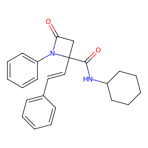 N-cyclohexyl-4-oxo-1-phenyl-2-[(E)-2-phenylethenyl]azetidine-2-carboxamide structure