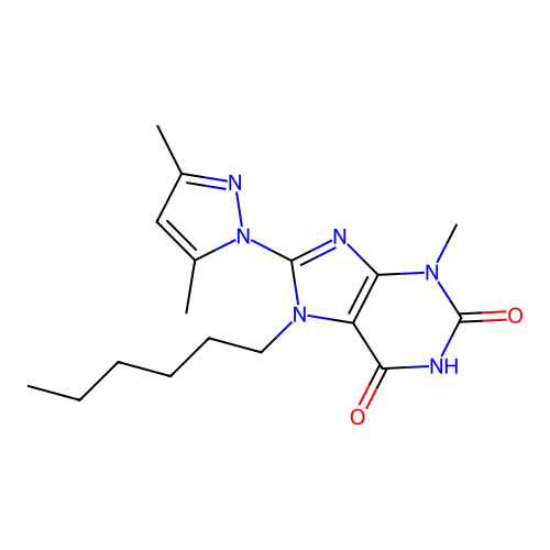 8-(3,5-dimethylpyrazol-1-yl)-7-hexyl-3-methylpurine-2,6-dione structure