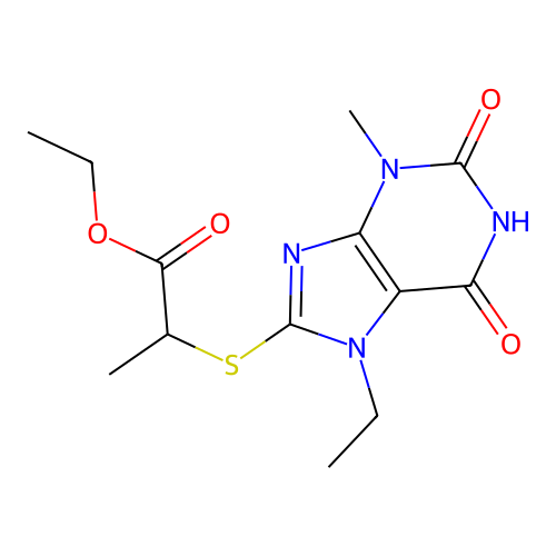 ethyl 2-(7-ethyl-3-methyl-2,6-dioxopurin-8-yl)sulfanylpropanoate structure