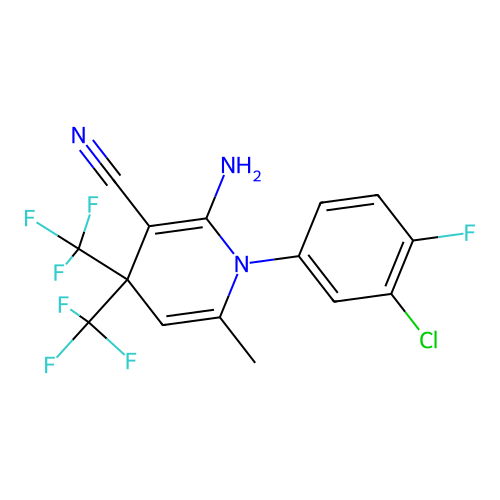 2-amino-1-(3-chloro-4-fluorophenyl)-6-methyl-4,4-bis(trifluoromethyl)-1,4-dihydropyridine-3-carbonitrile structure