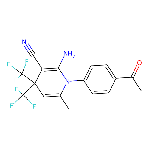1-(4-acetylphenyl)-2-amino-6-methyl-4,4-bis(trifluoromethyl)-1,4-dihydropyridine-3-carbonitrile structure