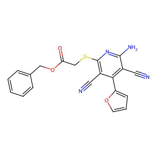 Benzyl {[6-amino-3,5-dicyano-4-(furan-2-yl)pyridin-2-yl]sulfanyl}acetate structure