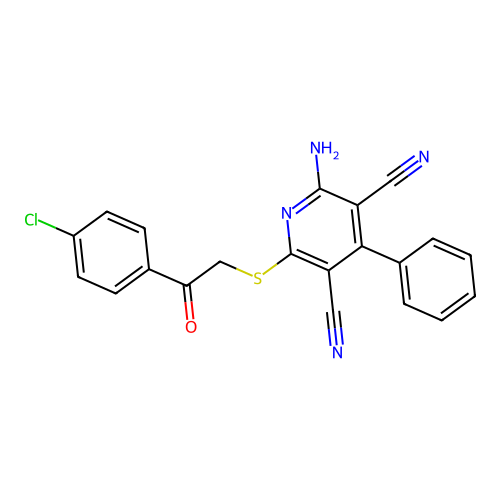 2-amino-6-((2-(4-chlorophenyl)-2-oxoethyl)thio)-4-phenylpyridine-3,5-dicarbonitrile structure