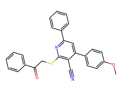 4-(4-Methoxyphenyl)-2-((2-oxo-2-phenylethyl)thio)-6-phenylnicotinonitrile structure