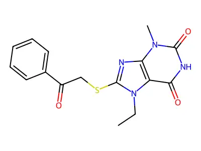 7-ethyl-3-methyl-8-((2-oxo-2-phenylethyl)thio)-1H-purine-2,6(3H,7H)-dione structure