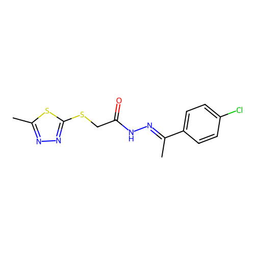 (5-Methyl-[1,3,4]thiadiazol-2-ylsulfanyl)-acetic acid [1-(4-chloro-phenyl)-eth-(E)-ylidene]-hydrazide structure