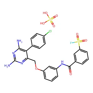 3-[[3-[[2,6-diamino-5-(4-chlorophenyl)pyrimidin-4-yl]methoxy]phenyl]carbamoyl]benzenesulfonyl fluoride; sulfuric acid structure