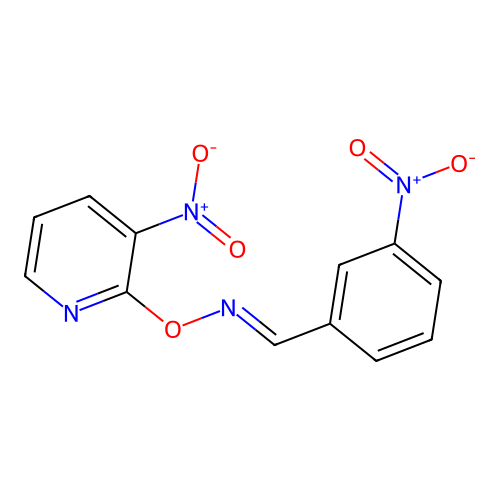 (E)-[(3-nitrophenyl)methylidene][(3-nitropyridin-2-yl)oxy]amine structure