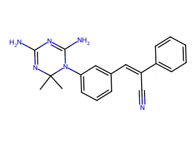 3-[3-(4,6-diamino-2,2-dimethyl-1,3,5-triazin-1-yl)phenyl]-2-phenylprop-2-enenitrile structure