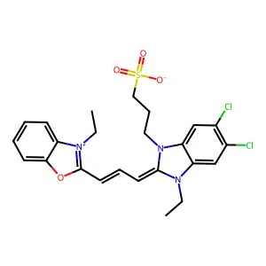 3-[5,6-dichloro-3-ethyl-2-[3-(3-ethyl-1,3-benzoxazol-3-ium-2-yl)prop-2-enylidene]benzimidazol-1-yl]propane-1-sulfonate structure