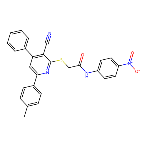 2-((3-Cyano-4-phenyl-6-(p-tolyl)pyridin-2-yl)thio)-N-(4-nitrophenyl)acetamide structure