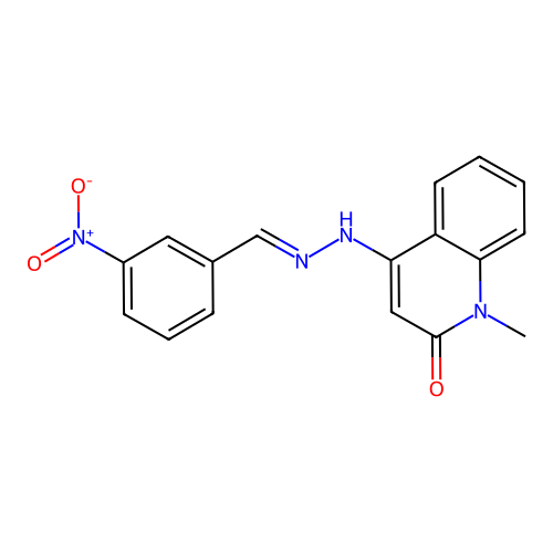 1-methyl-4-[(2E)-2-(3-nitrobenzylidene)hydrazinyl]quinolin-2(1H)-one structure