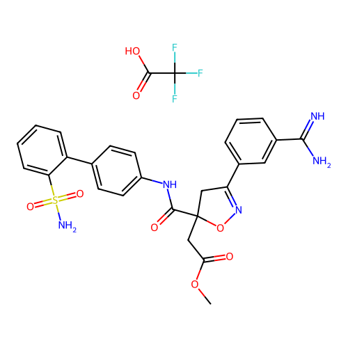 2-[3-(3-Amidinophenyl)-5-[N-(2'-sulfamoylbiphenyl-4-yl)carbamoyl]-4,5-dihydroisoxazol-5-yl]acetic acid methyl ester trifluoroacetate structure
