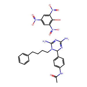 N-[4-[4,6-diamino-1-(4-phenylbutyl)-2H-1,3,5-triazin-2-yl]phenyl]acetamide; 2,4,6-trinitrophenol structure