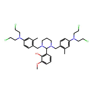2-[1,3-Bis({4-[bis(2-chloroethyl)amino]-2-methylphenyl}methyl)hexahydropyrimidin-2-yl]-6-methoxyphenol structure
