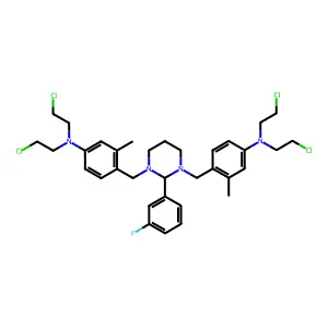 4-[[3-[[4-[bis(2-chloroethyl)amino]-2-methylphenyl]methyl]-2-(3-fluorophenyl)-1,3-diazinan-1-yl]methyl]-N,N-bis(2-chloroethyl)-3-methylaniline structure