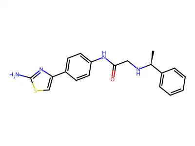 N-[4-(2-aminothiazol-4-yl)phenyl]-2-[[(1S)-1-phenylethyl]amino]acetamide structure