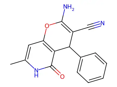2-amino-7-methyl-5-oxo-4-phenyl-5,6-dihydro-4H-pyrano[3,2-c]pyridine-3-carbonitrile structure