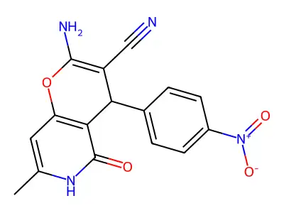 2-amino-7-methyl-4-(4-nitrophenyl)-5-oxo-4,6-dihydropyrano[3,2-c]pyridine-3-carbonitrile structure