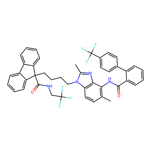 9H-Fluorene-9-carboxamide, 9-(4-(2,5-dimethyl-4-(((4'-(trifluoromethyl)(1,1'-biphenyl)-2-yl)carbonyl)amino)-1H-benzimidazol-1-yl)butyl)-N-(2,2,2-trifluoroethyl)- structure