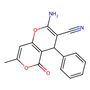 2-Amino-7-methyl-5-oxo-4-phenyl-4H,5H-pyrano[4,3-b]pyran-3-carbonitrile structure