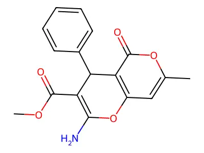 methyl 2-amino-7-methyl-5-oxo-4-phenyl-4H,5H-pyrano[4,3-b]pyran-3-carboxylate structure