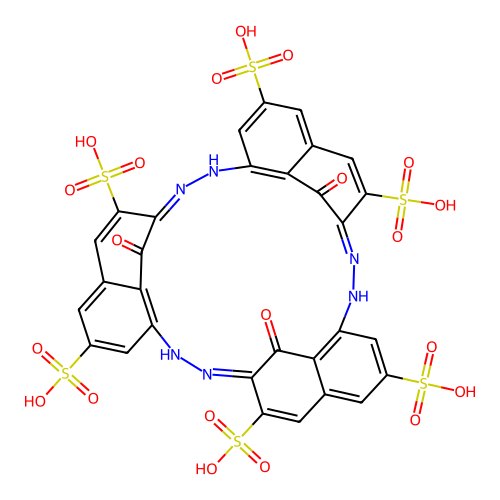 [1~7~(9)E,3(4~7~)E,6(7~7~)E]-1~8~,4~8~,7~8~-Trioxo-1~8~H,4~8~H,7~8~H-2,3,5,6,8,9-hexaaza-1(1,7),4,7(7,1)-trinaphthalenacyclononaphane-3,6,9-triene-1~3~,1~6~,4~3~,4~6~,7~3~,7~6~-hexasulfonic acid structure