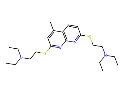 2-[[7-[2-(diethylamino)ethylsulfanyl]-5-methyl-1,8-naphthyridin-2-yl]sulfanyl]-N,N-diethylethanamine structure