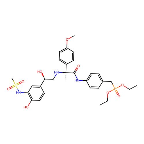 Phosphonic acid, ((4-(((2S)-2-(((2R)-2-hydroxy-2-(4-hydroxy-3-((methylsulfonyl)amino)phenyl)ethyl)amino)-2-(4-methoxyphenyl)-1-oxopropyl)amino)phenyl)methyl)-, diethyl ester structure