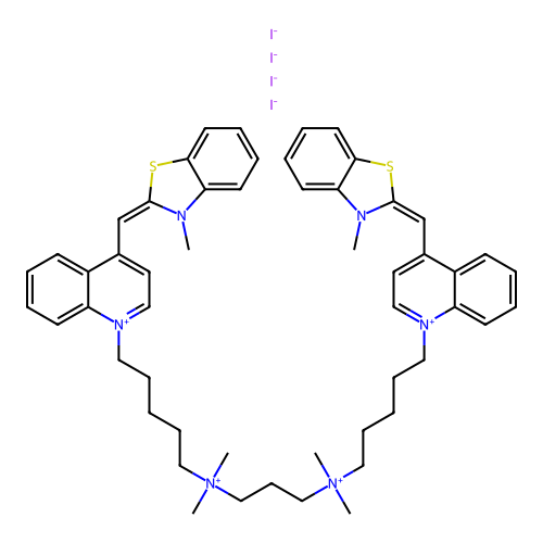 3-[dimethyl-[5-[4-[(E)-(3-methyl-1,3-benzothiazol-2-ylidene)methyl]quinolin-1-ium-1-yl]pentyl]azaniumyl]propyl-dimethyl-[5-[4-[(E)-(3-methyl-1,3-benzothiazol-2-ylidene)methyl]quinolin-1-ium-1-yl]pentyl]azanium tetraiodide structure
