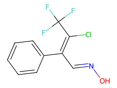 3-Chloro-4,4,4-trifluoro-2-phenylbut-2-enal oxime structure