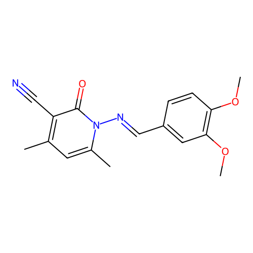 1-[(3,4-dimethoxybenzylidene)amino]-4,6-dimethyl-2-oxo-1,2-dihydro-3-pyridinecarbonitrile structure
