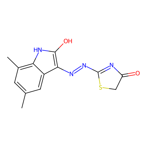 (3Z)-5,7-dimethyl-3-[(2E)-(4-oxo-1,3-thiazolidin-2-ylidene)hydrazinylidene]-1,3-dihydro-2H-indol-2-one structure