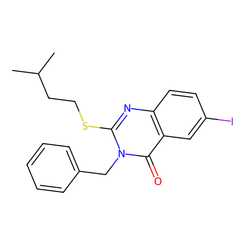 3-benzyl-6-iodo-2-[(3-methylbutyl)sulfanyl]quinazolin-4(3H)-one structure