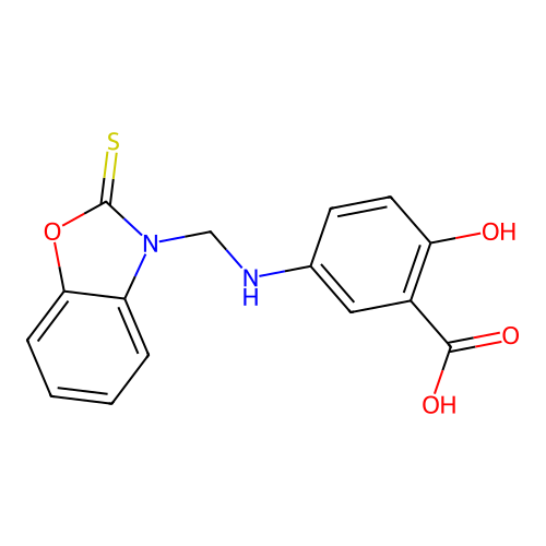 2-hydroxy-5-{[(2-thioxo-1,3-benzoxazol-3(2H)-yl)methyl]amino}benzoic acid structure