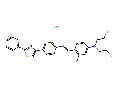 N,N-bis(2-chloroethyl)-3-methyl-4-[[4-(2-phenyl-1,3-thiazol-4-yl)phenyl]iminomethyl]aniline structure