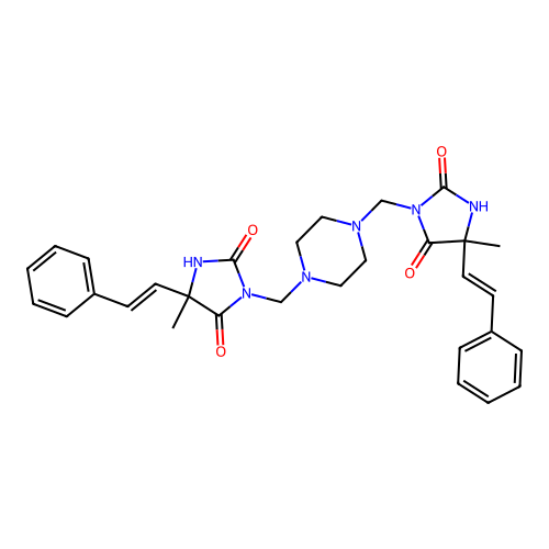 Hydantoin, 3,3'-(1,4-piperazinediyldimethylene)bis(5-methyl-5-styryl- structure